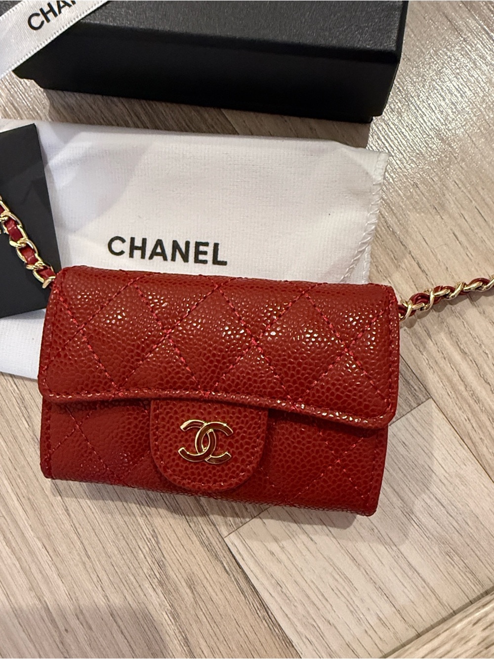 CHANEL Red Quilted Mini Flap Wallet on Chain